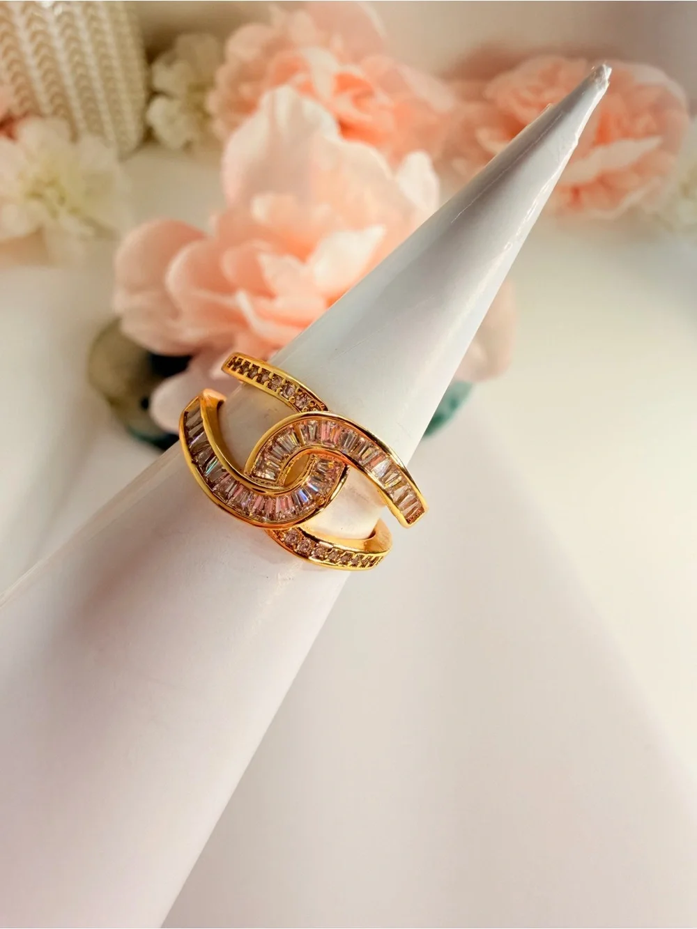 Gold-Tone Pink Baguette Crystal Wave Ring